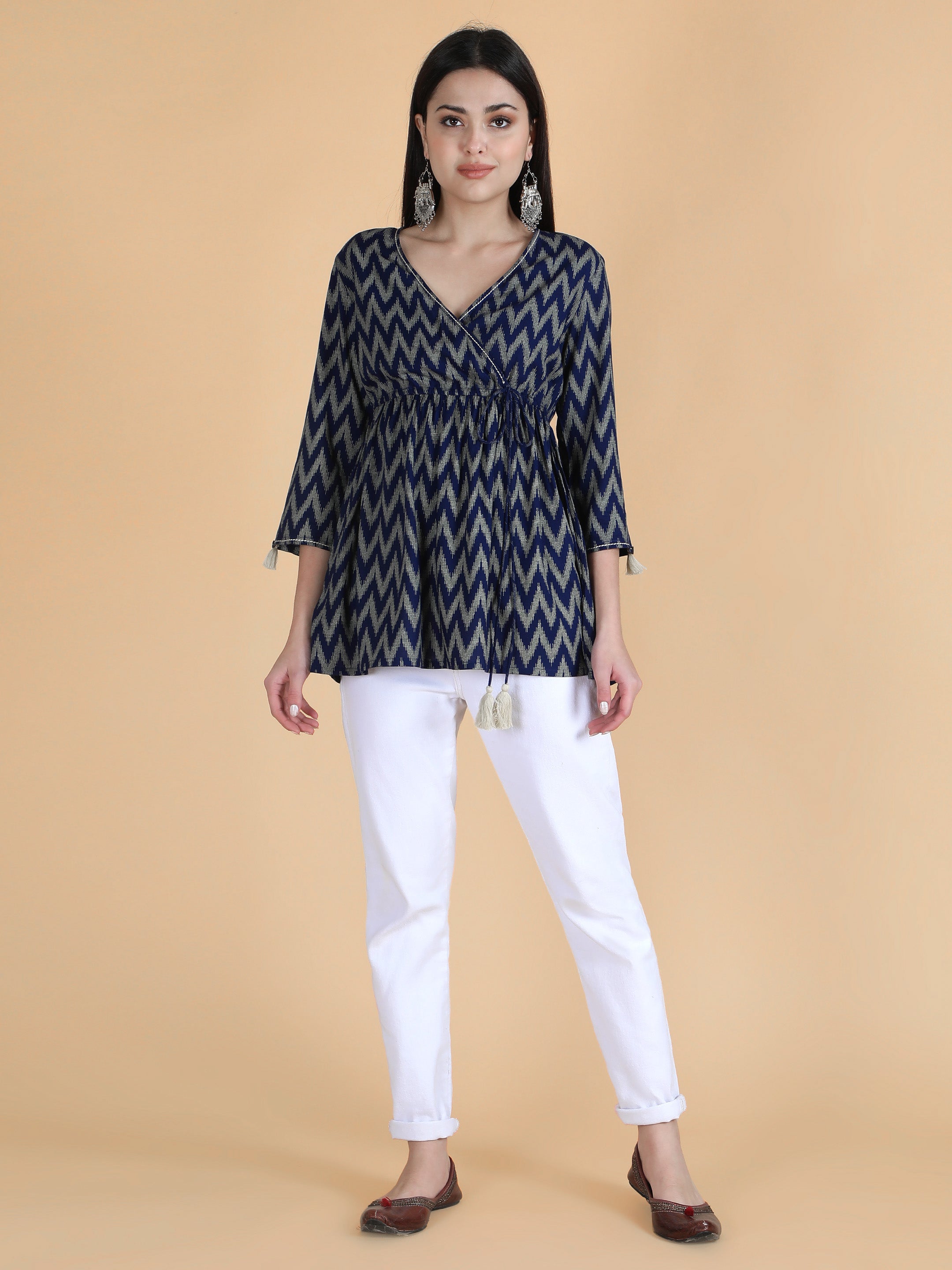 Blue Viscose Printed Short Angrakha Top